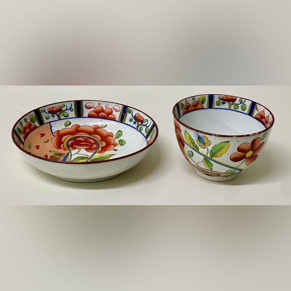 19th Century Antique Gaudy Dutch Oyster Pattern Handleless Teacup & Saucer Set - Picture 8 of 12